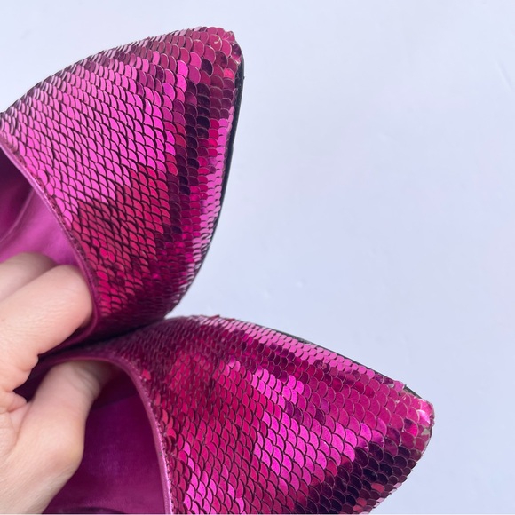 Alice + Olivia Demetra Fuchsia Pink Sequin Block Pointed Toe Slip On Heels - Picture 9 of 9